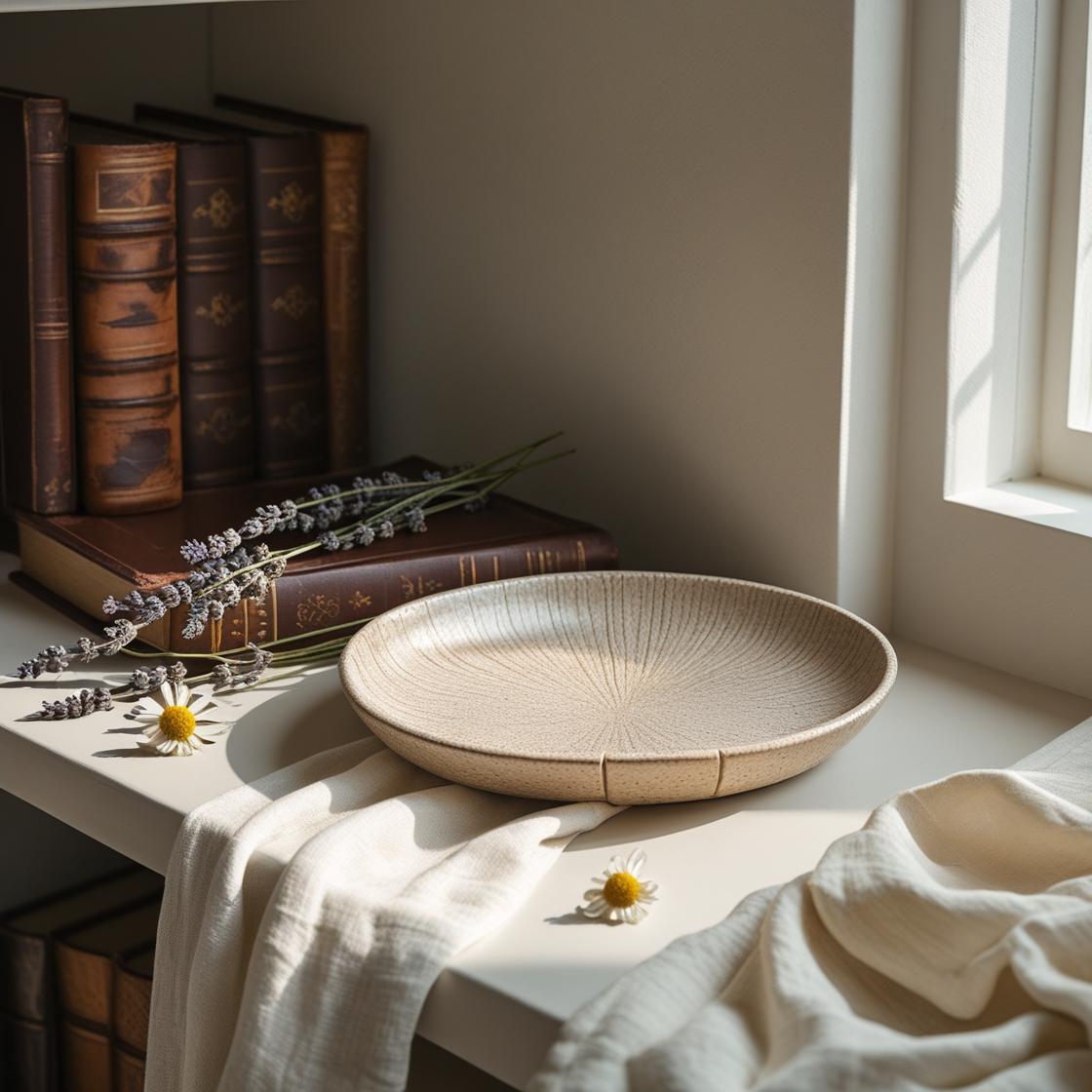 A ceramic plate with a carved wooden tray on the shelf, a candle, decorations close to the window light where there are books and 2 white vases.