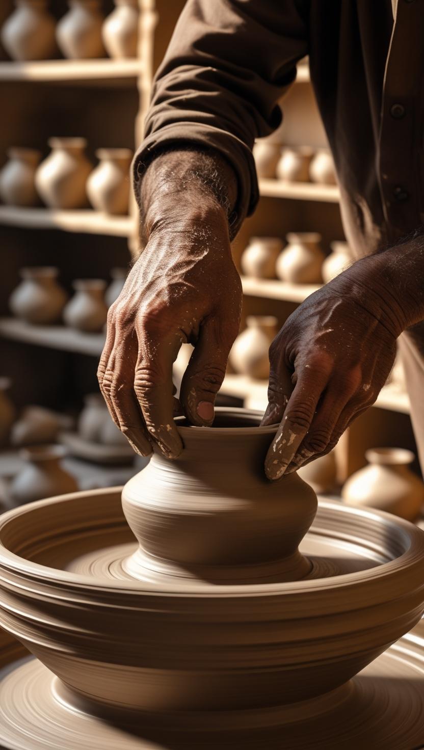 There is a vivid studio where a potter uses his hands to carve up a clay vase in Pakistan.