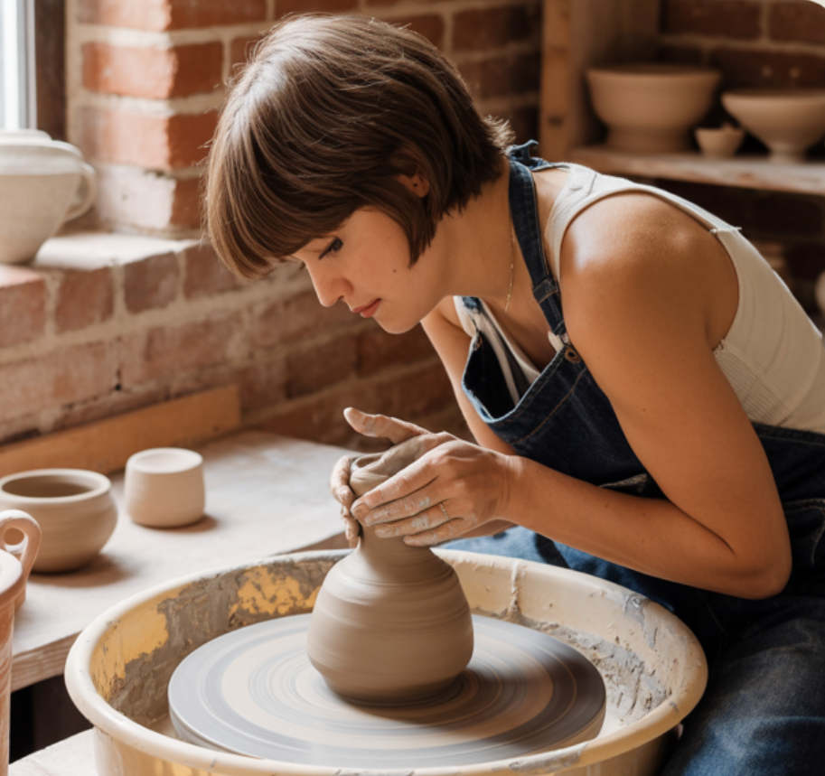 A ceramic artist is molding clay at a local pottery shop in Pakistan.