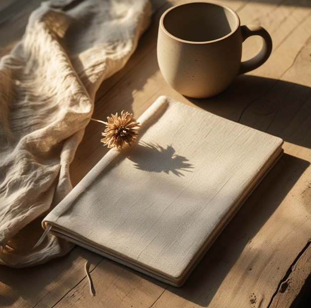 Rustic wooden table Handmade ceramic mug with the set of soft linen and a dried flower.