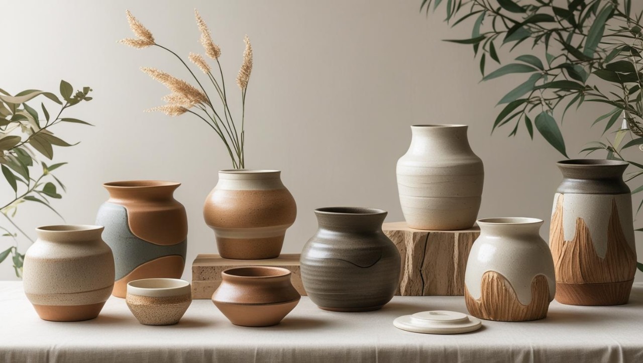 The earth-colored hand-thrown ceramics on the background of a linens-ready table and the calm studio with the touch of light greenery.
