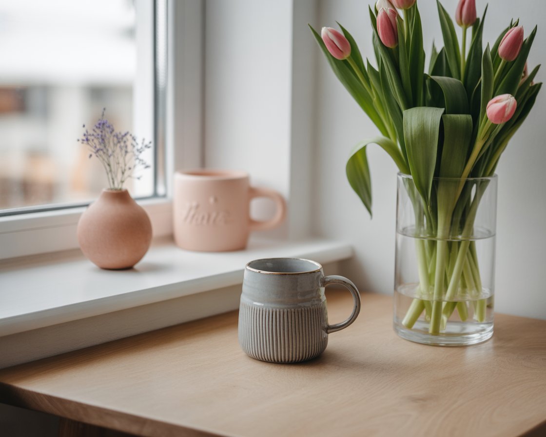 Hand made with ceramic mug and tulips on a wooden table next to a window with simple pottery deceleration.