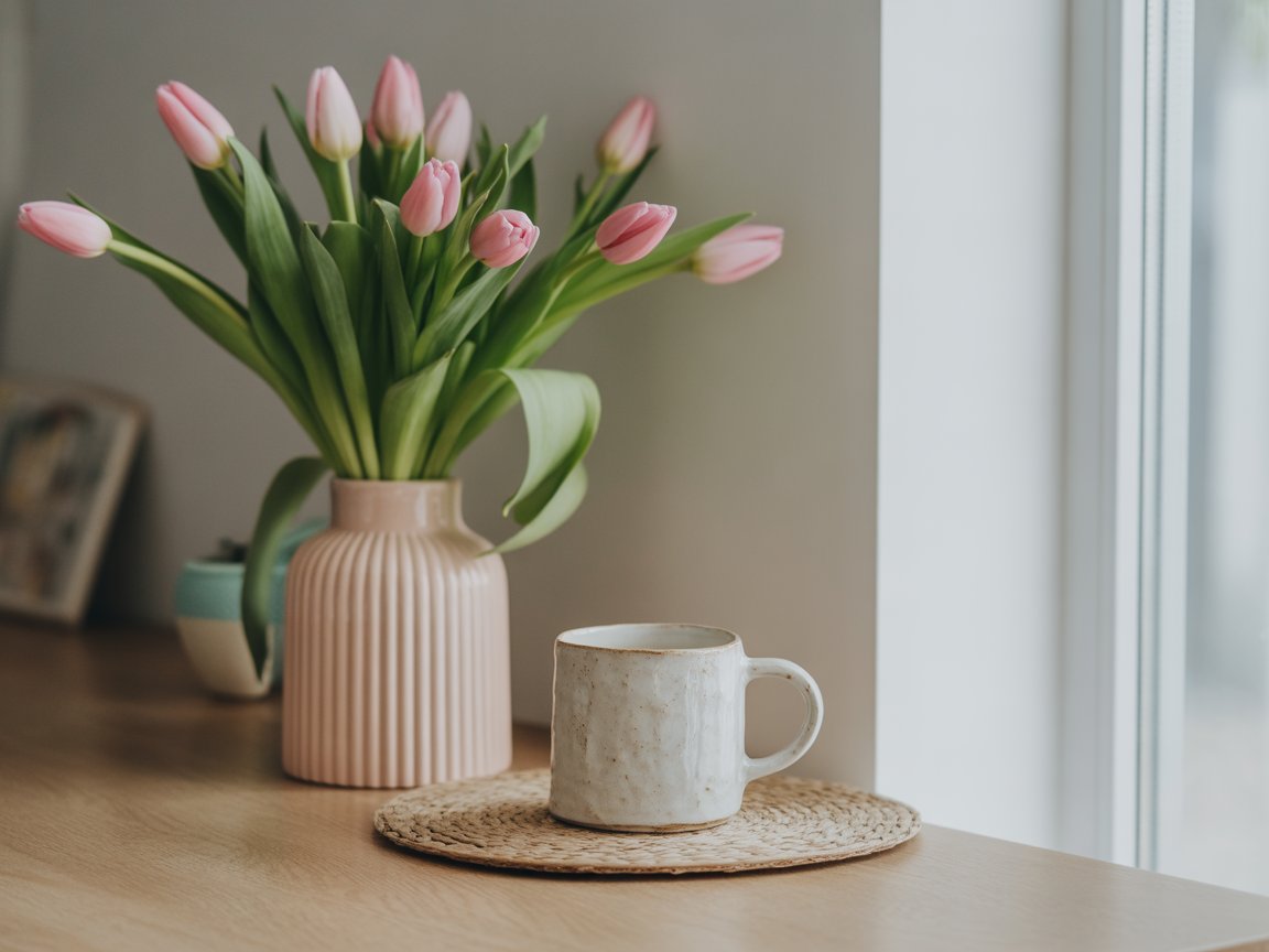 Ceramic cup on a table under the vase of pink tulips.
