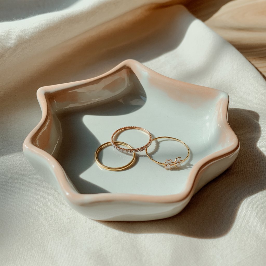 The handmade ceramic ring dish is in soft pastel colors and is made in Pakistan.