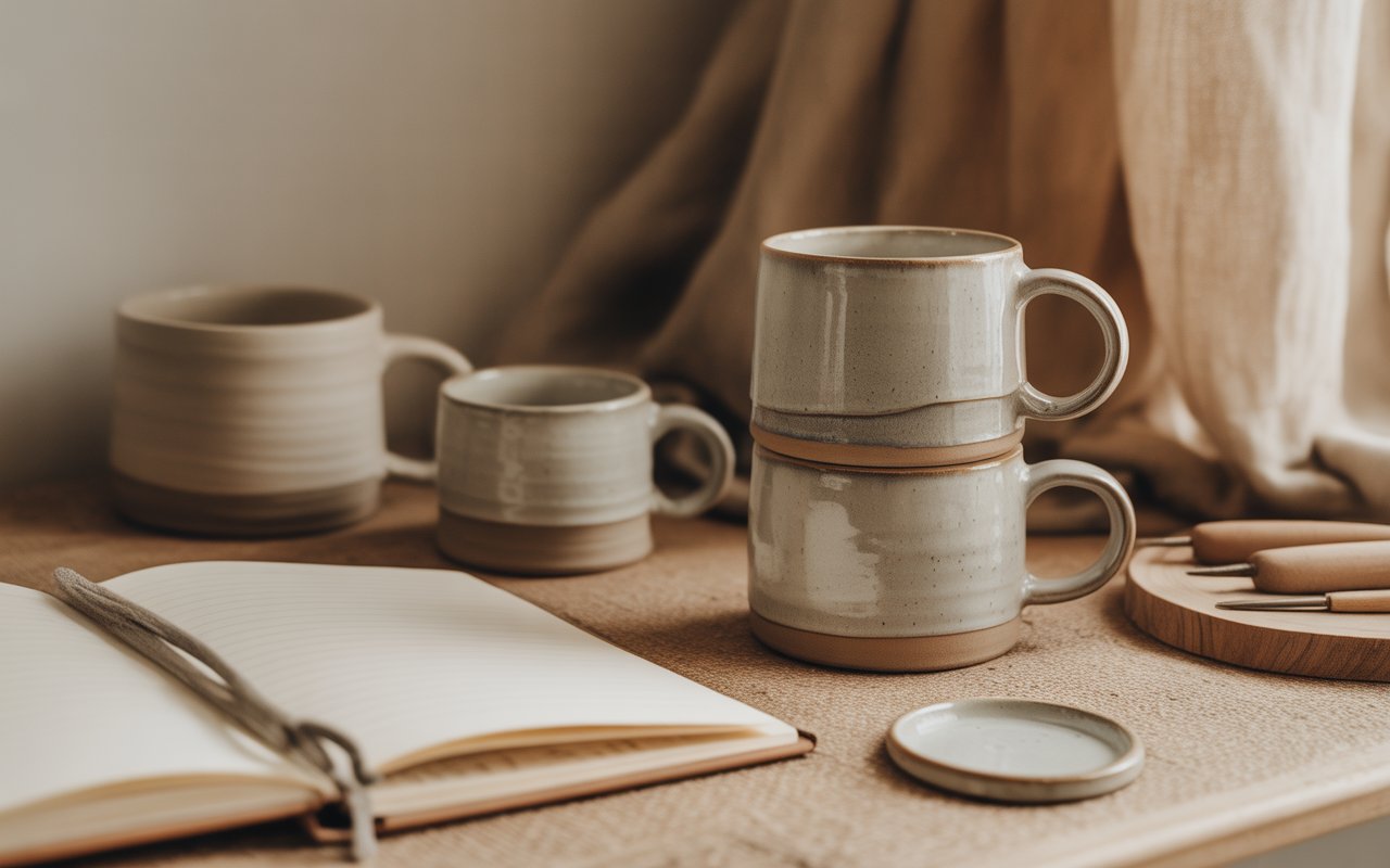 Ceramic mugs with pottery tools placed on a cozy table, stacked on each other.