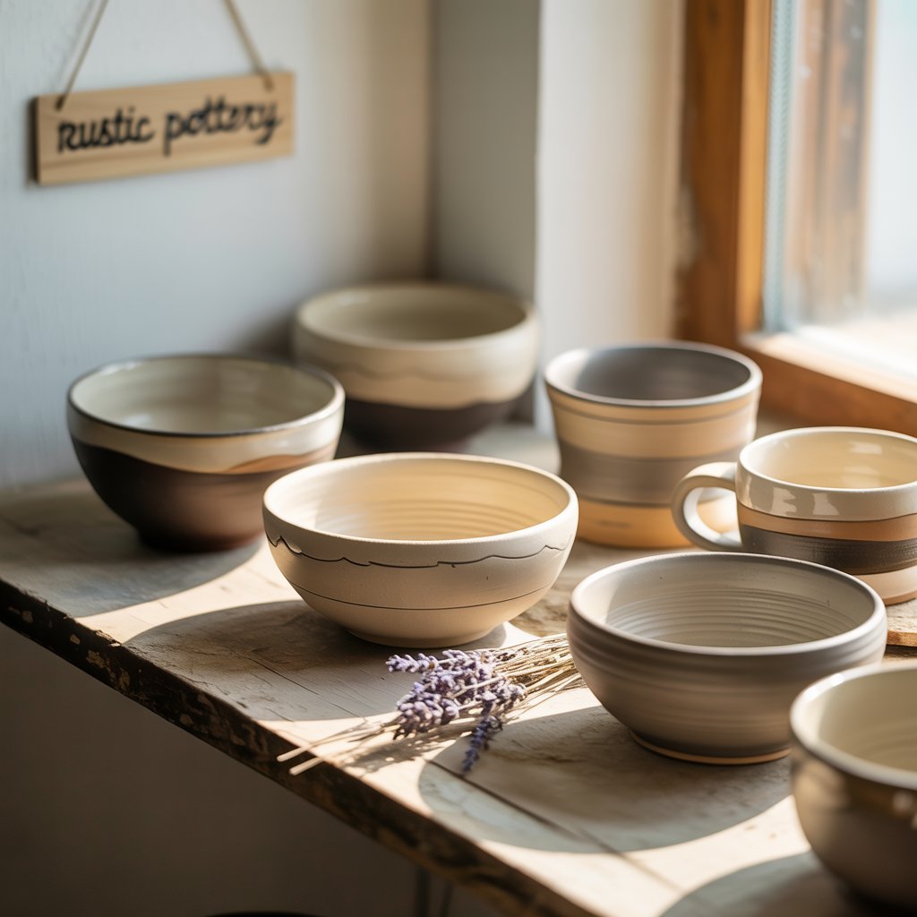 Consistent ceramic bowls and cups of neutral colors assembled on a wooden table fronting the window.