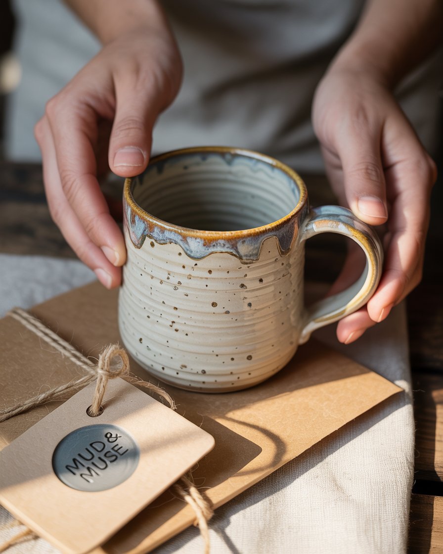 Eco-friendly paper used to hand pack blue ceramic mug.