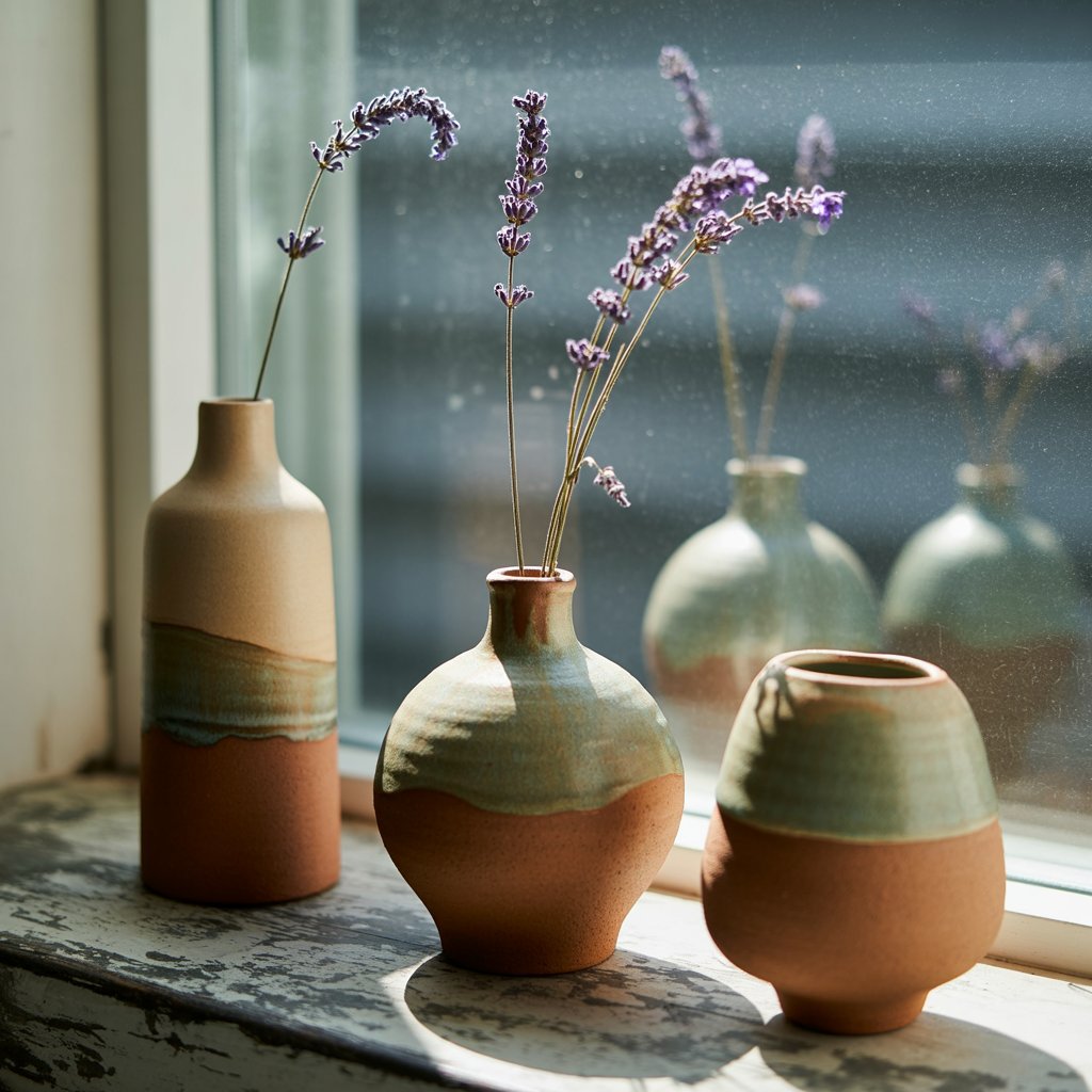 Small handmade clay vases in earthy tones sit on a windowsill.