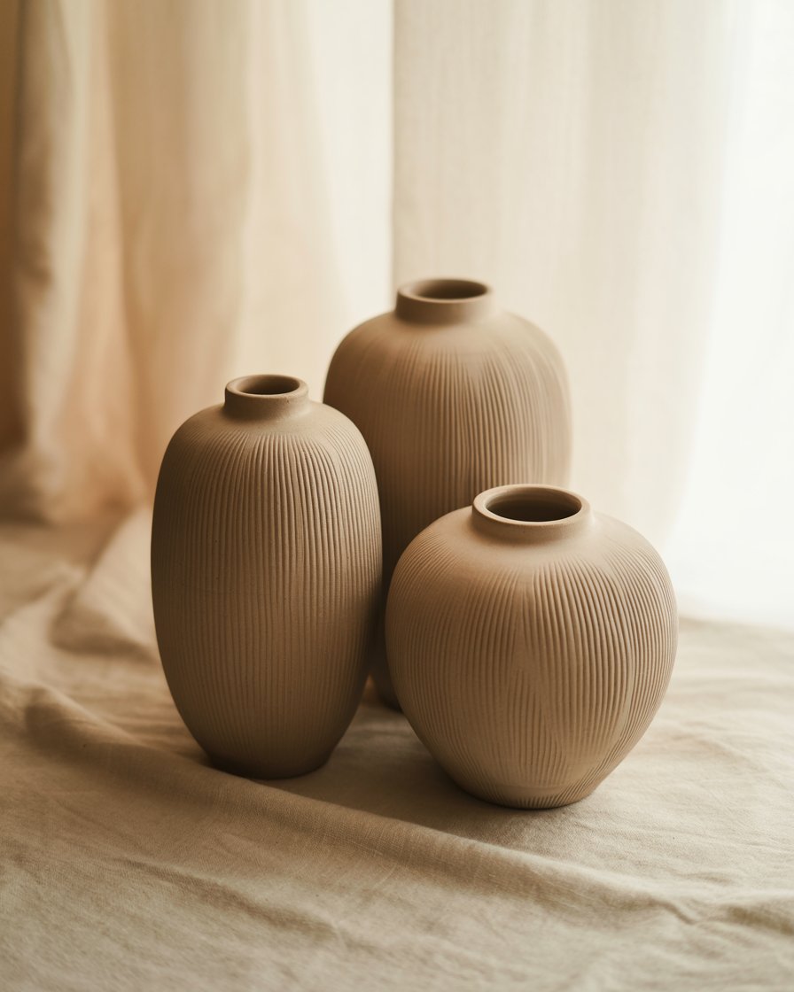 Three hand-made ceramic neutral tone vases on a soft cloth with a gentle light pouring.