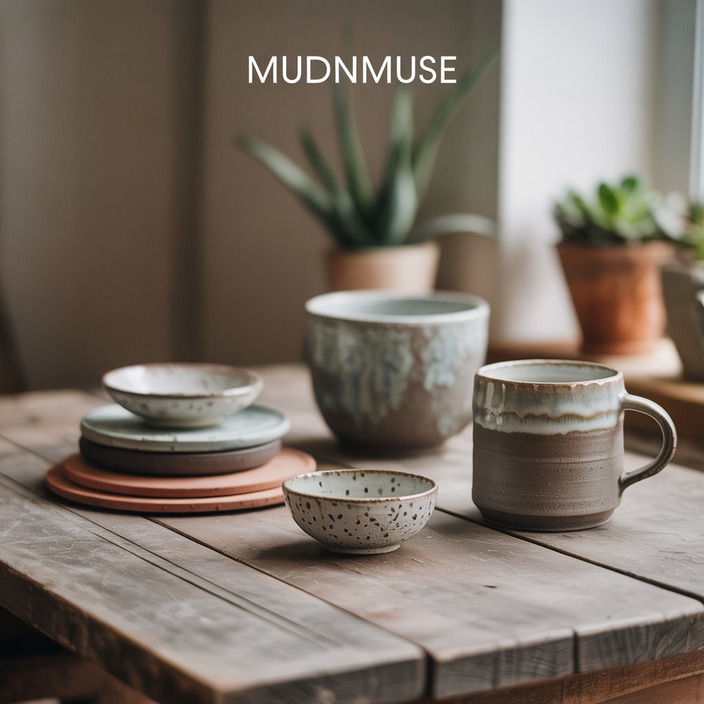 Ceramic bowls and mug hand-made, on a wooden table.