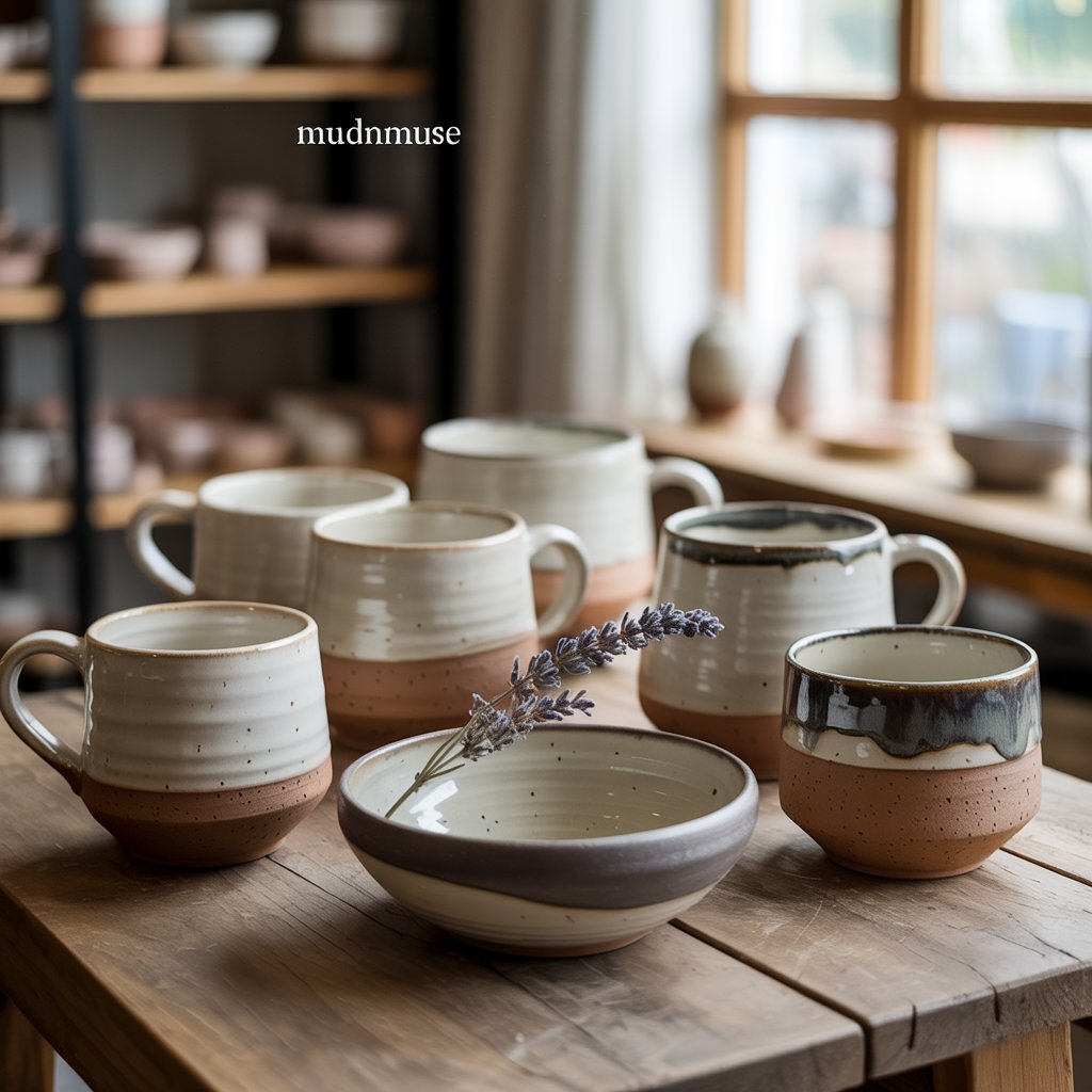 A group of ceramic mugs, handmade, and a bowl on wooden table, that is created in Pakistan.