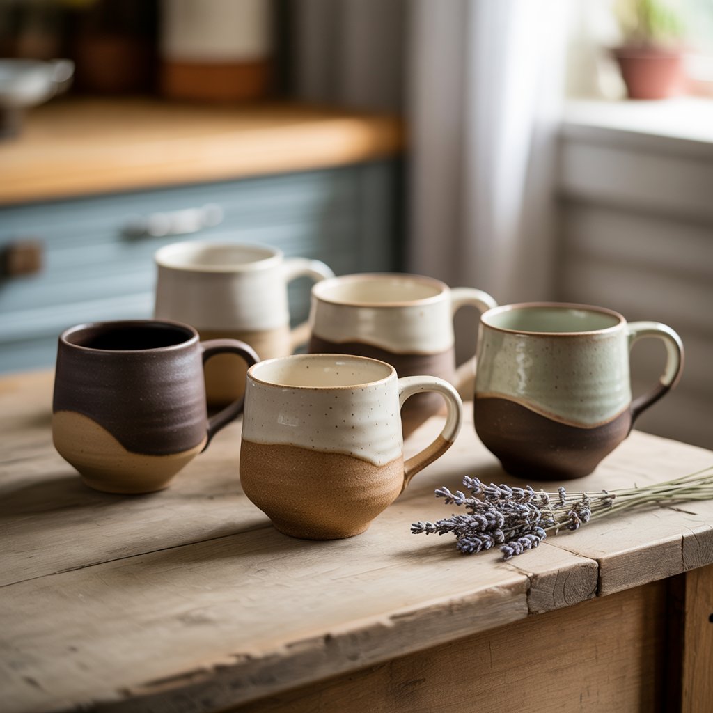 A collection of homemade ceramic mugs of earthy color and a bunch of lavender arranged on a wooden table, in a small home kitchen.