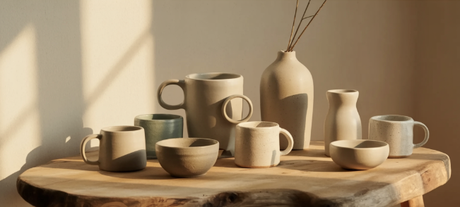 Bowls, vases, and ceramic mugs on a wooden table that is being illuminated by the rays of the sun.