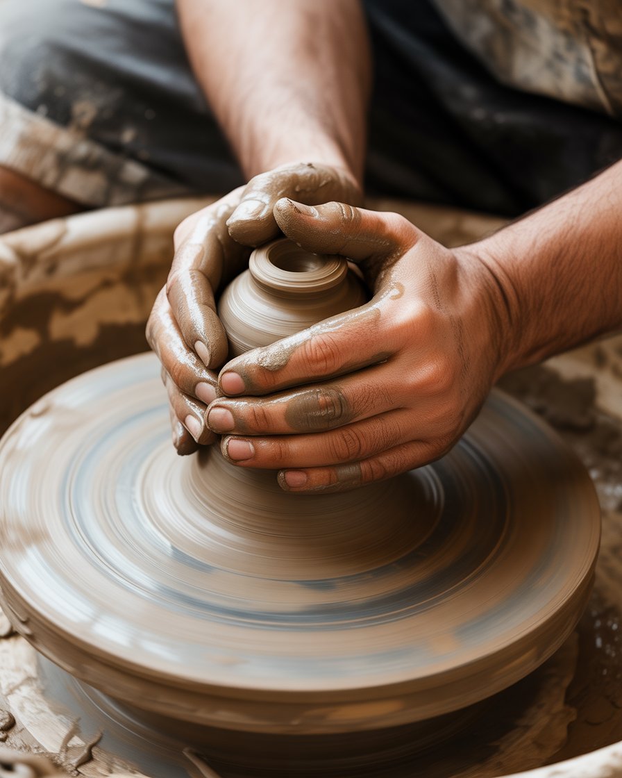 Man making a pot out of clay using a potter wheel that spiders at great speed illustrating the ancient skills of a potter.