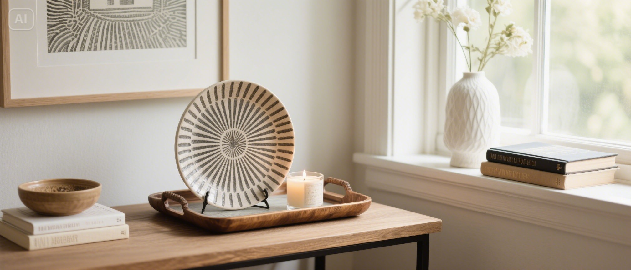 Decoration mount, where a handmade ceramic plate in a wooden tray with a candle, before books and a white Vase by a window.