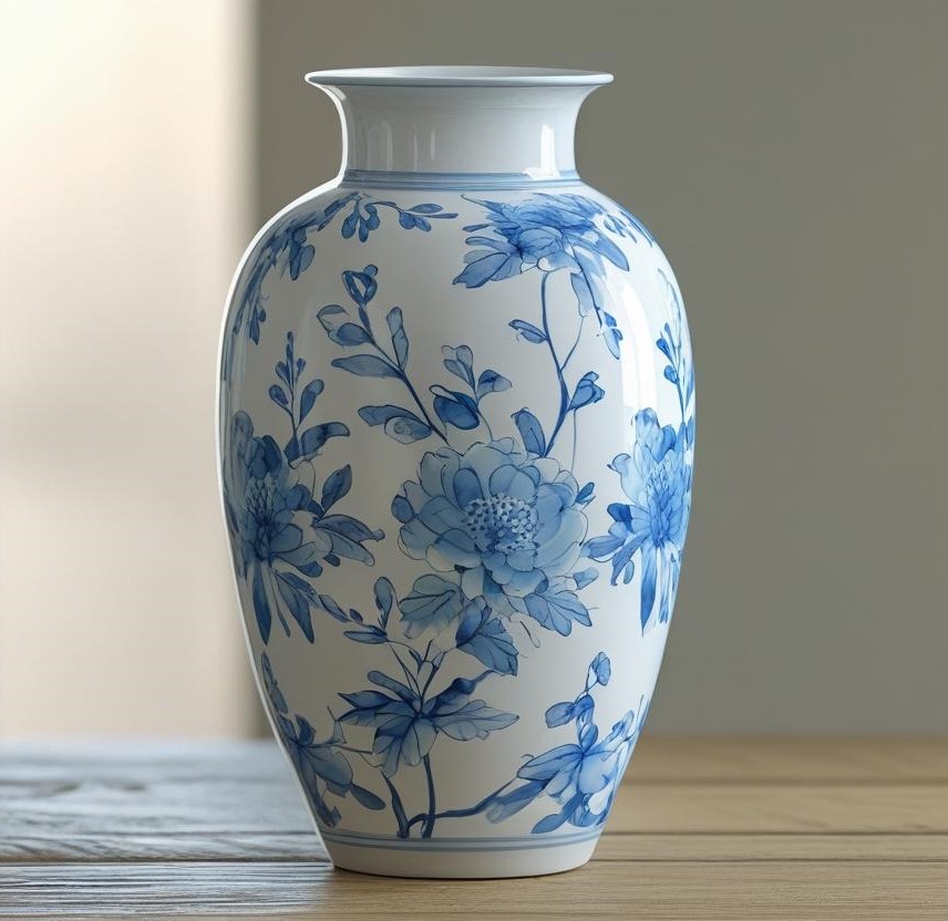 Pakistani handmade blue and white vase of flowers.